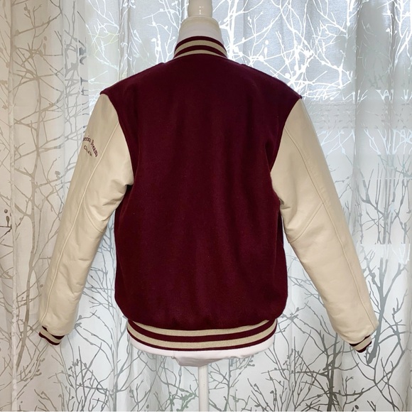 Vintage 1960’s burgundy dark red cream leather sleeves letterman jacket - Picture 5 of 7